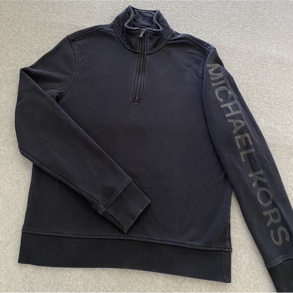 Michael Kors 1/4 Zip Pullover Shirt Men Medium Blue Spell Out Long Sleeve Cotton